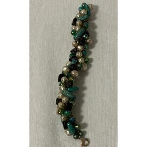 Vintage Alice Cavines Beaded Bracelet Faux Pearls Green Glass Beads